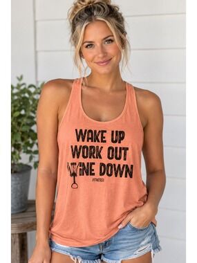 Fitness Tee Wake up Work out Wine down Tank Top Peach Large
